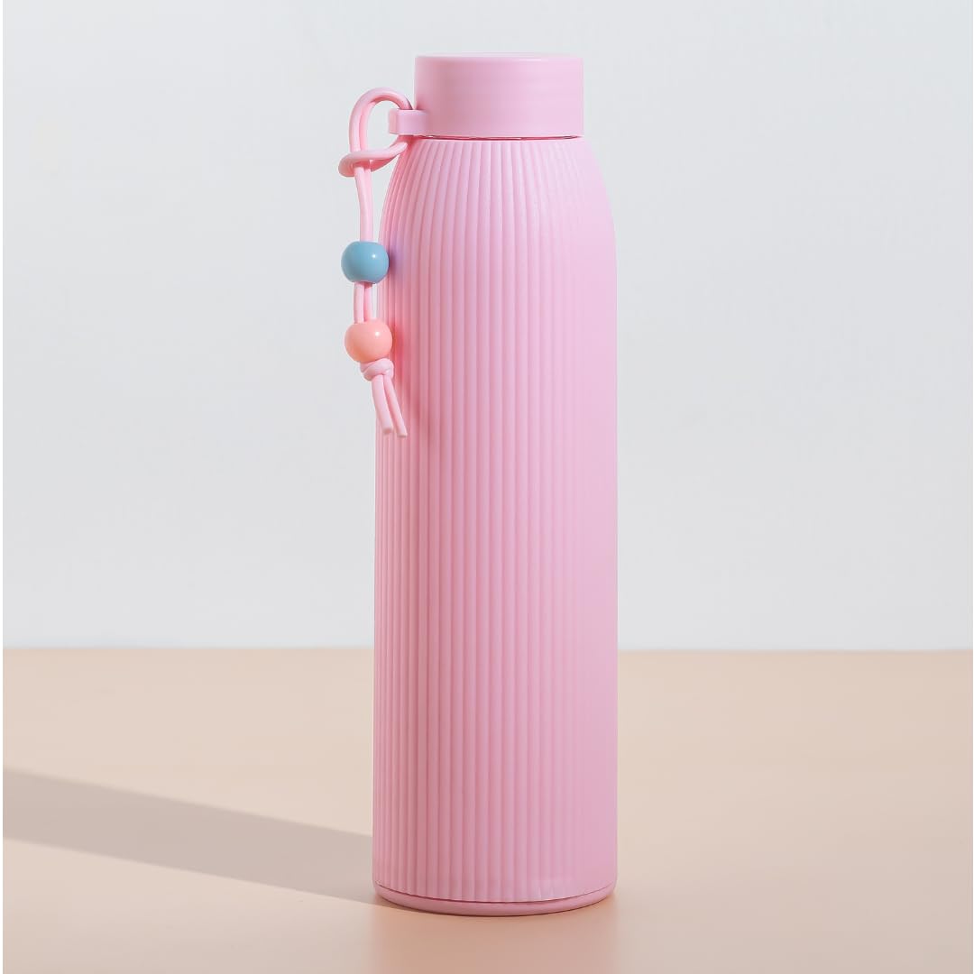 💖 Pastel Pink Ribbed Glass Water Bottle - Sip in Soft Style! 💧