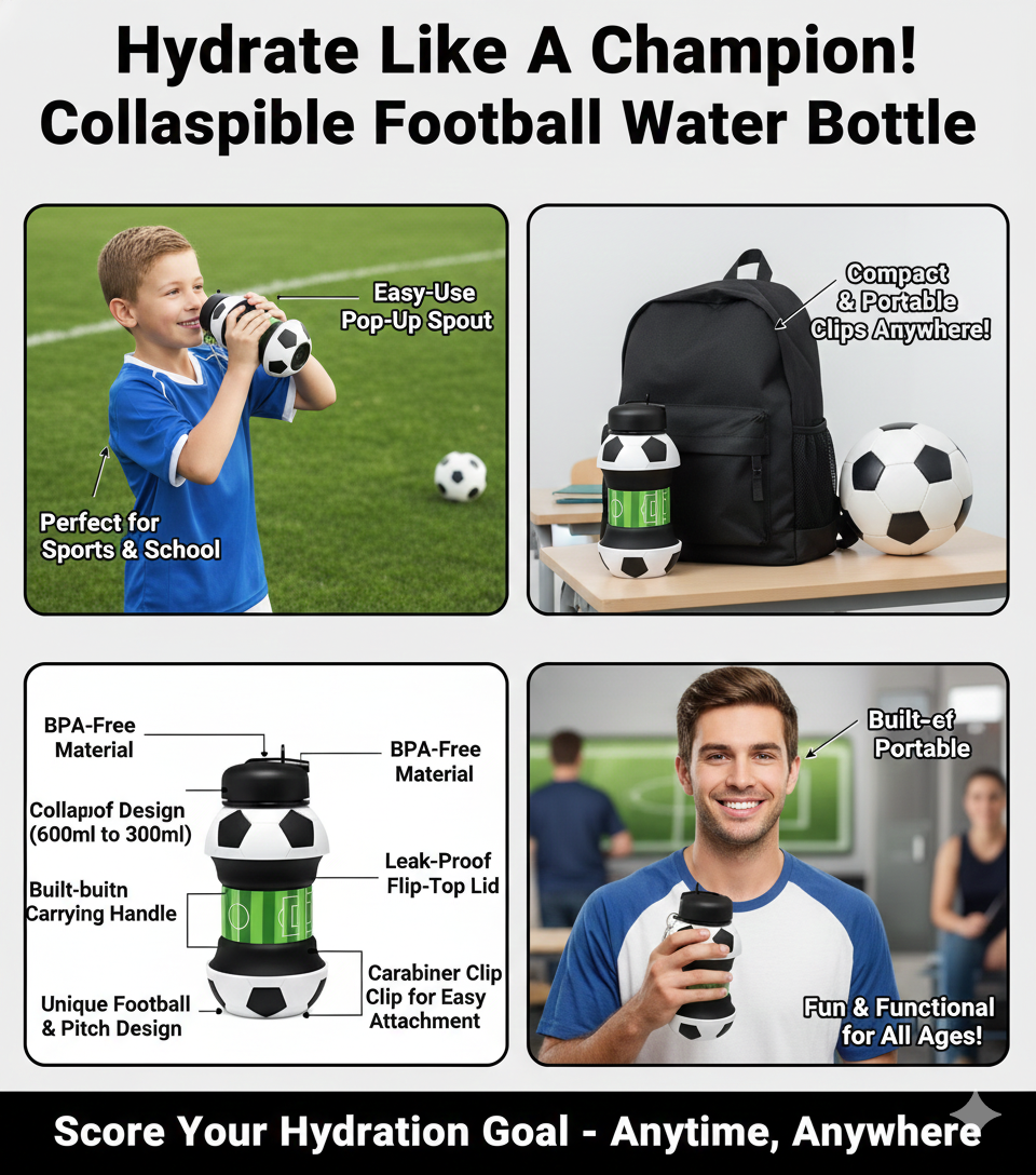 COLLAPSIBLE SOCCER BALL SILICONE WATER BOTTLE