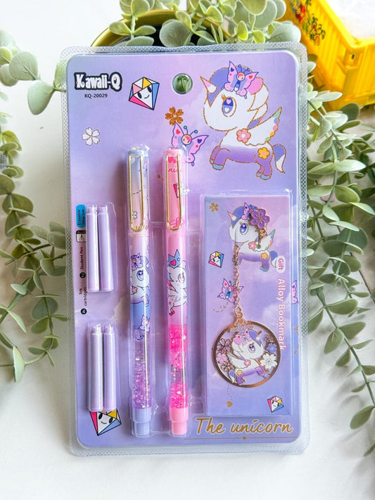 🦄 Kawaii-Q Unicorn Gift Set - Sparkling Pens &amp; Alloy Bookmark 💖
