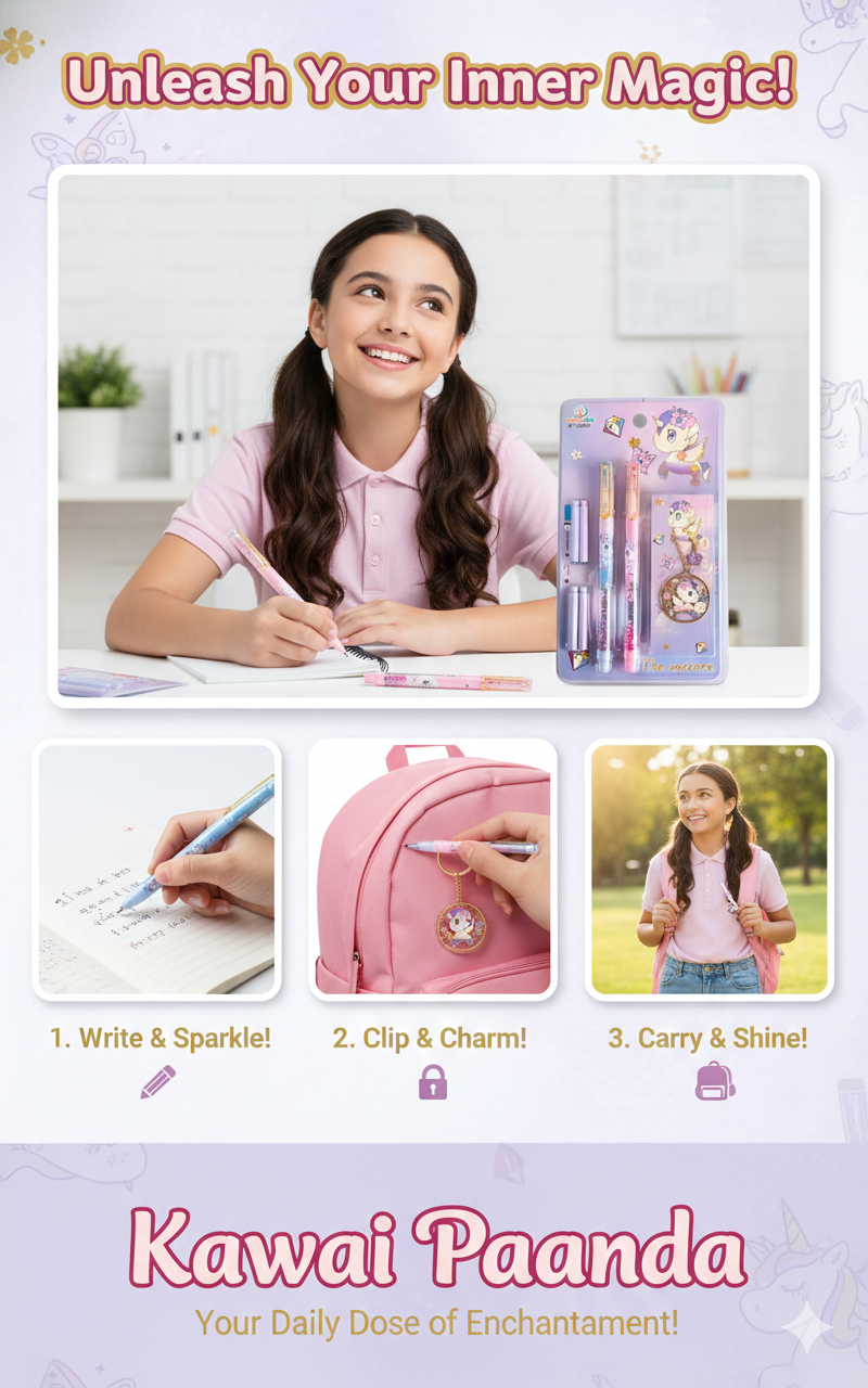 🦄 Kawaii-Q Unicorn Gift Set - Sparkling Pens &amp; Alloy Bookmark 💖