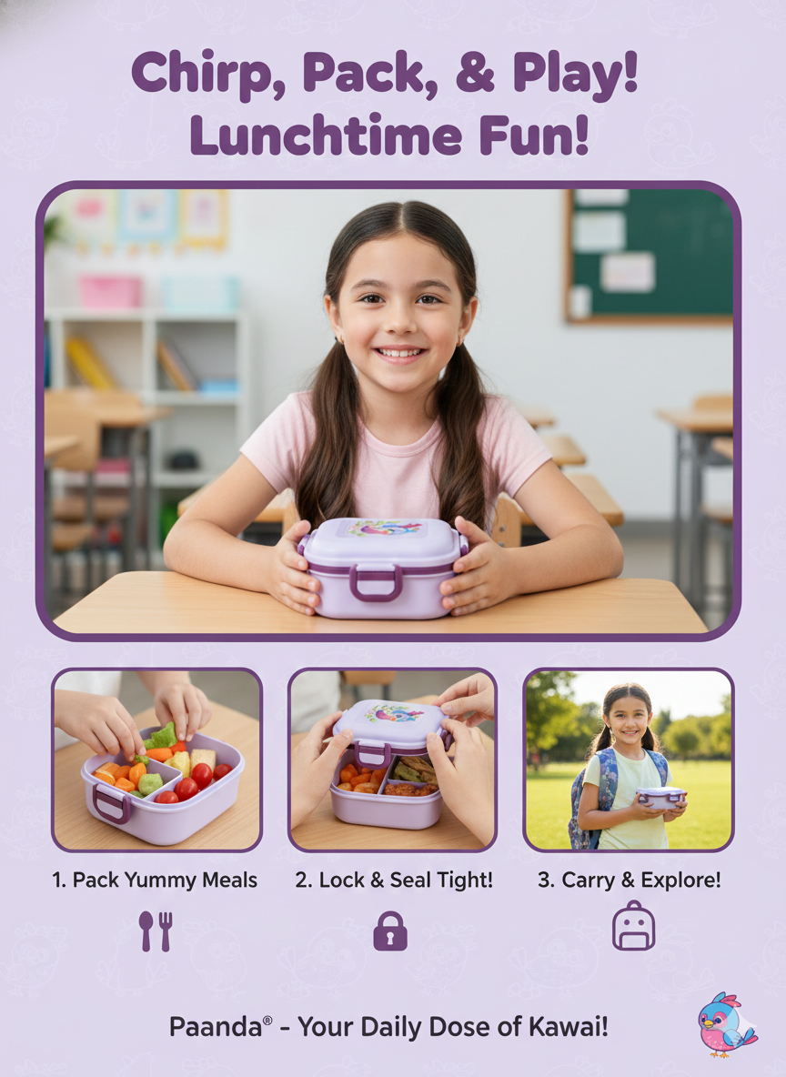 🐦 Colorful Bird Square Lunch Box - Fly into Fun! 💜