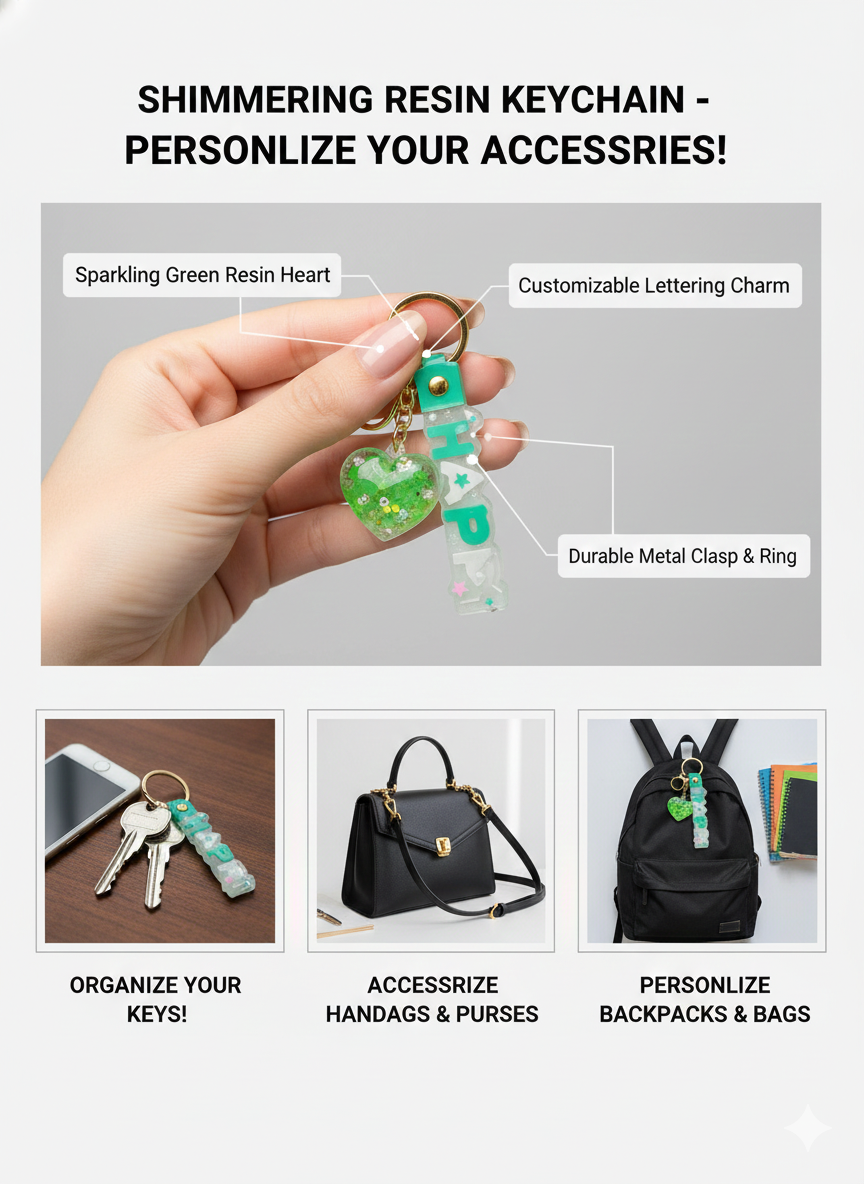 💚 Sparkle &amp; Shine! "HAPP" Resin Heart Keychain ✨